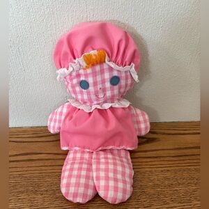 FISHER PRICE Lolly Dolly Pink White Gingham Cloth Doll Rattle 1975 VTG